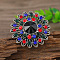Vintage Ethnic Style Hollowed-out Flower Zinc Alloy Rhinestone Rings, Antique Silver, Colorful, Inner Diameter: 17mm