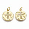 Hammered Brass Micro Pave Clear Cubic Zirconia Pendants, with Jump Rings, Nickel Free, Flat Round with Cross, Real 16K Gold Plated, 17x15x2mm, Jump Ring: 5x0.8mm, 3.4mm inner diameter