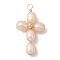 Natural Freshwater Pearl Copper Wire Wrapped Pendants, Cross Charms with Brass Round Beads, Golden, Wheat, 36~42.5x20~24.5x7~7.5mm, Hole: 3~3.5mm
