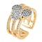 Flat Round Brass Micro Pave Clear Cubic Zirconia Wide Open Cuff Ring for Women, Cadmium Free & Lead Free, Real 18K Gold Plated, 14.5mm, Adjustable
