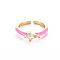 Brass Enamel Cuff Rings, Open Rings, Solitaire Rings, with Clear Cubic Zirconia, Nickel Free, Rhombus, Golden, Pearl Pink, US Size 7(17.3mm)