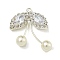 Brass Rhinestone Pendants, Cadmium Free & Lead Free, with ABS Imitation Pearl Beads, Leaf Charms, Silver, 26x23x5.5mm, Hole: 1.6mm