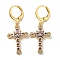 Real 18K Gold Plated Brass Dangle Leverback Earrings, with Glass, Cross, Lilac, 38x16mm