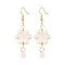 Shell Pearl with Glass Dangle Earring, Flower & Teardrop, for Women, Misty Rose, 60x20mm