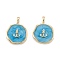 Brass Enamel Pendants, with Jump Rings, Long-Lasting Plated, Flat Round with Anchor, Deep Sky Blue, Real 18K Gold Plated, 18x14x2mm, Hole: 4x2.5mm