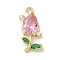 Brass Pave Clear Cubic Zirconia Pendants, Cadmium Free & Nickel Free & Lead Free, Tulip, Pink with Green, Real 14K Gold Plated, 20.5x9.5x4mm, Hole: 1.4mm