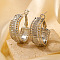 Geometric Brass Stud Earrings, with Full Rhinestones, Fashionable and Versatile, Silver, 28x13mm