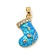 Christmas Brass Micro Pave Cubic Zirconia Pendants, Cadmium Free & Lead Free, with Synthetic Opal, Christmas Stocking, Deep Sky Blue, 19x16.5x4.5mm, Hole: 5x3mm