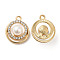 Alloy Pendants, with Crystal Rhinestone and ABS Plastic Imitation Pearl, Flat Round Charm, Lead Free & Cadmium Free, Light Gold, 21x17.5x8.5mm, Hole: 1.8mm