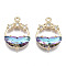 Faceted Transparent Glass Pendants, with Brass Crystal Rhinestone Findings, Flat Round with Star, Light Gold, Colorful, 21x15x5mm, Hole: 1.4mm