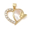 Brass & Shell & Clear Cubic Zirconia Pendants, Cadmium Free & Lead Free, Heart with Butterfly, Real 18K Gold Plated, 19.5x23.5x4.5mm, Hole: 3.5x4mm