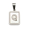304 Stainless Steel Pave Natural White Shell Pendants, Rectangle with Letter Charms, Stainless Steel Color, Letter Q, 17.5x12x1.5mm, Hole: 6x3mm