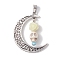 Halloween Synthetic Turquoise Skull Pendants, Alloy Hollow Moon Charms with Resin Rose, Antique Silver, White, 41x35x8mm, Hole: 7x4mm