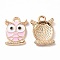 Alloy Enamel Pendants, Owl Charm, Golden, Pink, 16.5x12x2.5mm, Hole: 1.6mm