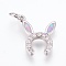 Brass Cubic Zirconia Bunny Pendants, with Synthetic Opal, Rabbit Ears, Platinum, Pearl Pink, 17x15x3mm, Hole: 4mm