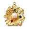 304 Stainless Steel Glass Pendants, Flower Charm, with ABS Plastic Imitation Pearl, Ion Plating(IP), Real 18K Gold Plated, 33.5x28.5x9mm, Hole: 2.5mm