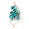 Natural Howlite Dyed Chip Pendants, Golden Plated Brass Leaf Charms, 35~37x17~19x4.5~6.5mm, Hole: 3.3mm