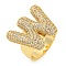 Brass Micro Pave Clear Cubic Zirconia Letter Open Cuff Ring for Women, Real 18K Gold Plated, Letter W, 23x26mm, Inner Diameter: 21mm