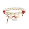 Natural Mashan Jade & Glass Pearl Beaded Stretch Bracelet, Christmas Candy Cane & Santa Claus & Star Charm Bracelet for Women, Red, Inner Diameter: 2 inch(5.2cm)