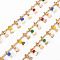 Handmade Brass Curb Chains, with Glass Beads, Soldered, Spool, Heart Charms, Real 18K Gold Plated, Colorful, 2.5x1.5x0.3mm, about 16.4 Feet(5m)/roll