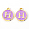 Golden Plated Alloy Enamel Charms, Enamelled Sequins, Flat Round with Letter, Medium Purple, Letter.H, 14x12x2mm, Hole: 1.5mm