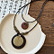 Bohemian Style Alloy & Wood Disc Pendant Waxed Cord Double Layer Necklaces for Women, Antique Bronze, Flat Round, 19.69~23.62 inch(50~60cm)