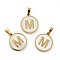 PVD Vacuum Plating 304 Stainless Steel with White Shell Pendants, Golden, Flat Round with Letter Charm, Letter.M, 18x16x1.5mm, Hole: 3x6mm