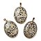 Electroplate Natural Dalmatian Jasper Pendants, Brass Oval Charms with Iron Snap on Bails, 45x31~32x9mm, Hole: 6x5mm