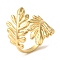 Leaf Brass Open Cuff Rings, for Women, Lead Free & Cadmium Free, Real 18K Gold Plated, Inner Diameter: 18mm