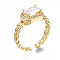 Brass Micro Pave Cubic Zirconia Cuff Rings, Open Solitaire Rings, Rectangle Octagon, Curb Chain, Real 16K Gold Plated, Nickel Free, Clear, US Size 6 3/4, Inner Diameter: 17mm