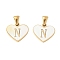 304 Stainless Steel Pave Natural White Shell Heart with Initial Slice Pendants, Ion Plating(IP), Golden, Letter N, 14x16x2mm, Hole: 4.5x3mm