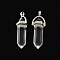 Natural Quartz Crystal Pendants with Alloy Findings, Rock Crystal, Platinum, 40~42x13.5x10mm, Hole: 2mm
