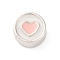 925 Sterling Silver Enamel Beads, Flat Round with Heart, Silver Color Plated, Pink, 6x2.5mm, Hole: 1mm