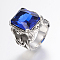 304 Stainless Steel Finger Rings, Solitaire Rings with Cubic Zirconia, Rectangle, Blue, 17~22mm