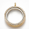 Alloy Magnetic Locket Pendants, with Rhinestone and Glass, Flat Round, Crystal, 37x30.5x7.5mm, Hole: 3.5mm, Inner diameter: 23mm