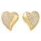 Brass Pave Clear Cubic Zirconia Stud Earrings, Heart, Left and Right, Real 16K Gold Plated, 17x15mm