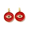 Brass Micro Pave Cubic Zirconia Pendants, Flat Round & Horse Eye Charm, with Enamel, Real 18K Gold Plated, Red, 20.5x18x3.5mm, Hole: 4x2.5mm