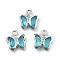Glass Charms, Butterfly, with Brass Findings, Long-Lasting Plated, Platinum, Dark Turquoise, 8.5x7x2mm, Hole: 1mm
