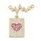 Brass Micro Pave Clear & Hot Pink Cubic Zirconia Pendants, Rectangle with Heart Charms, Rack Plating, Cadmium Free & Lead Free, Lasting Plated, Real 18K Gold Plated, 30.5mm, Hole: 1.5mm