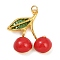 Brass Enamel Pendants, with Rhinestone and Jump Ring, Golden, Fruits Charmn, Cherry, 29x22x6.5mm, Hole: 3.4mm
