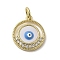 Brass Micro Pave Cubic Zirconia Pendants, with Enamel, Cadmium Free & Nickel Free & Lead Free, with Jump Ring, Real 18K Gold Plated, Flat Round with Evil Eye, Deep Sky Blue, 17.5x15x3mm, Hole: 3.8mm
