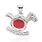 Brass Cubic Zirconia Pendants, Rocking Horse, Platinum, Red, 17x19x6.5mm, Hole: 4mm