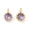 Brass Pave Cubic Zirconia Pendants, Single Stone Charms, Flat Round, Rack Plating, Long-Lasting Plated, Light Gold, Purple, 6.5~7x4.5~5x3mm, Hole: 1mm