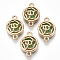 Glass Links connectors, with Light Gold Plated Alloy Findings, Flat Round with Flower, Lime Green, 19.5x13.5x5.5mm, Hole: 1.6mm