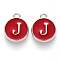 Platinum Plated Alloy Enamel Charms, Cadmium Free & Lead Free, Enamelled Sequins, Flat Round with Letter, Red, Letter.J, 14x12x2mm, Hole: 1.5mm