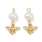 Brass Pearl Pendants, Bees Charms, with Micro Pave Cubic Zirconia, Rack Plating, Cadmium Free & Lead Free, Lasting Plated, Real 18K Gold Plated, 18.5x10.5x5.5mm, Hole: 2mm
