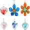 6Pcs 6 Style Handmade Luminous Lampwork Pendants, Heart & Flower, Mixed Color, 27~42.5x21~35x9~15.5mm, Hole: 3~7mm, 1pcs/style