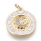 Brass Enamel Pendants, with Micro Pave Cubic Zirconia, Flat Round with Moon, White, Golden, 20x18x2.5mm, Hole: 3.5mm