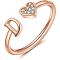 Adjustable Brass Rhinestone Cuff Rings, Letter & Heart, Rose Gold, Letter D, Inner Diameter: 15~20mm