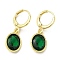 Real 18K Gold Plated Brass Dangle Leverback Earrings, with Oval Glass, Green, 27x10mm